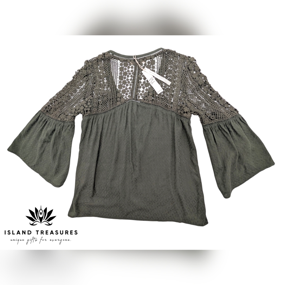 NWT LOVESTITCH Olive Green Sahara Mixed Lace Top Sz Small Rayon Flowy Boho Chic - Picture 8 of 17